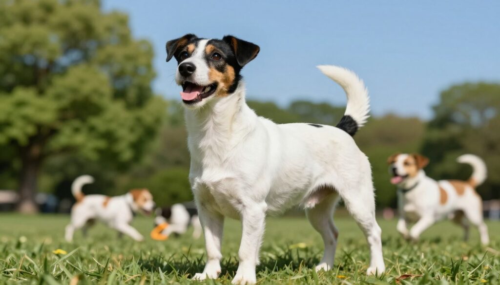 A Jack Russell Terrier standing proudly in a sunny park, showcasing its lively and energetic nature. The foreground features the dog with a smooth, predominantly white coat accented by black and tan markings, exhibiting its playful expression. In the middle, other dogs can be seen playing, emphasizing the social nature of this breed. The background includes vibrant green trees and a clear blue sky, adding a sense of warmth and vitality. The lighting is bright and natural, casting soft shadows, capturing the dog's agility and alertness. The angle is slightly low to highlight the dog's stature and energy. Overall, the atmosphere is cheerful and lively, perfect for illustrating the breed's character.