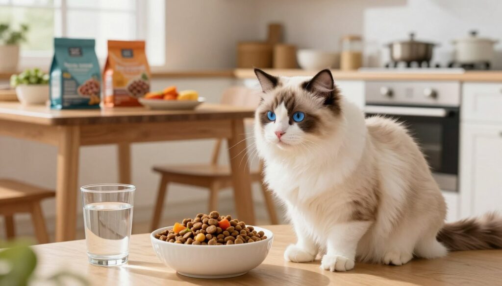 A Ragdoll cat sitting gracefully in a bright, sunlit kitchen, surrounded by bowls of nutritious cat food and fresh water. The foreground features the fluffy cat with its striking blue eyes and soft, long fur, attentively gazing at a bowl filled with high-quality kibble and some vegetables. In the middle ground, a wooden dining table displays an array of healthy cat food options, emphasizing a balanced diet. The background showcases a warm, inviting kitchen ambiance, with sunlight streaming through a window, casting gentle shadows. The atmosphere feels serene and nurturing, reflecting the importance of proper nutrition for a cat's longevity and health. The image captures a cozy, loving environment perfect for a pet to thrive.