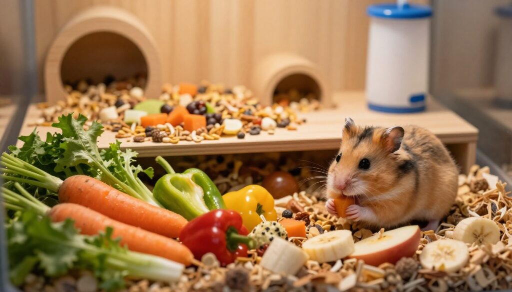A Syrian hamster happily nibbling on a colorful assortment of its ideal diet in a cozy, well-designed habitat. In the foreground, the hamster is surrounded by fresh vegetables like carrots, leafy greens, and bell peppers, as well as small pieces of fruit such as apple and banana. The middle layer showcases a tasteful mix of hamster pellets and protein sources, emphasizing a healthy lifestyle. The background features a softly lit, naturalistic habitat with wooden bedding, a water bottle, and small toys, creating a warm atmosphere. The lighting is soft and warm, with a focus on the hamster and its food, capturing a gentle, inviting mood that reflects care and attention to pet wellness. A Syrian hamster happily nibbling on a colorful assortment of its ideal diet in a cozy, well-designed habitat. In the foreground, the hamster is surrounded by fresh vegetables like carrots, leafy greens, and bell peppers, as well as small pieces of fruit such as apple and banana. The middle layer showcases a tasteful mix of hamster pellets and protein sources, emphasizing a healthy lifestyle. The background features a softly lit, naturalistic habitat with wooden bedding, a water bottle, and small toys, creating a warm atmosphere. The lighting is soft and warm, with a focus on the hamster and its food, capturing a gentle, inviting mood that reflects care and attention to pet wellness.