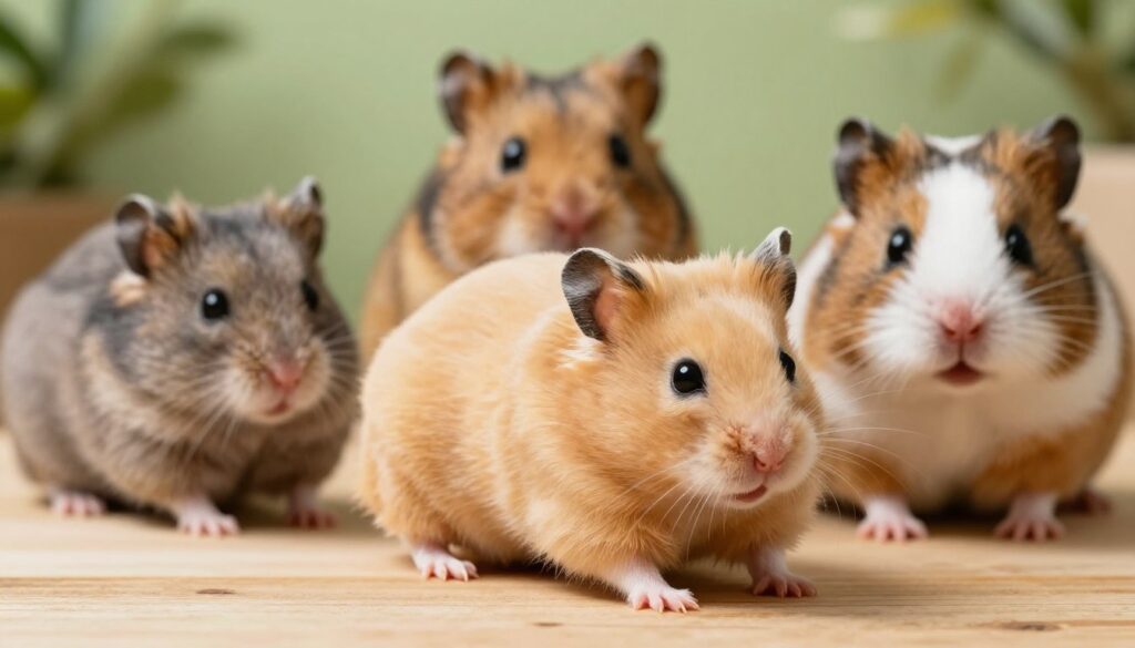 A Syrian hamster in a vibrant, well-lit setting, exhibiting its distinctive golden-brown fur with a soft, fluffy texture. Surround it with three other types of hamsters: a dwarf hamster showcasing a compact size with grayish fur, an angry-looking Roborovski hamster that is quick and agile, and a playful Campbell's dwarf hamster with a striking blend of brown and white. Place them on a natural wooden surface, enhancing their colors, under soft, diffused natural lighting that creates a warm and inviting atmosphere. The composition should focus on the hammies' differences in size, fur patterns, and expressions, with a shallow depth of field to emphasize the Syrian hamster in the foreground and blur the others slightly in the background, capturing a serene and educational mood.