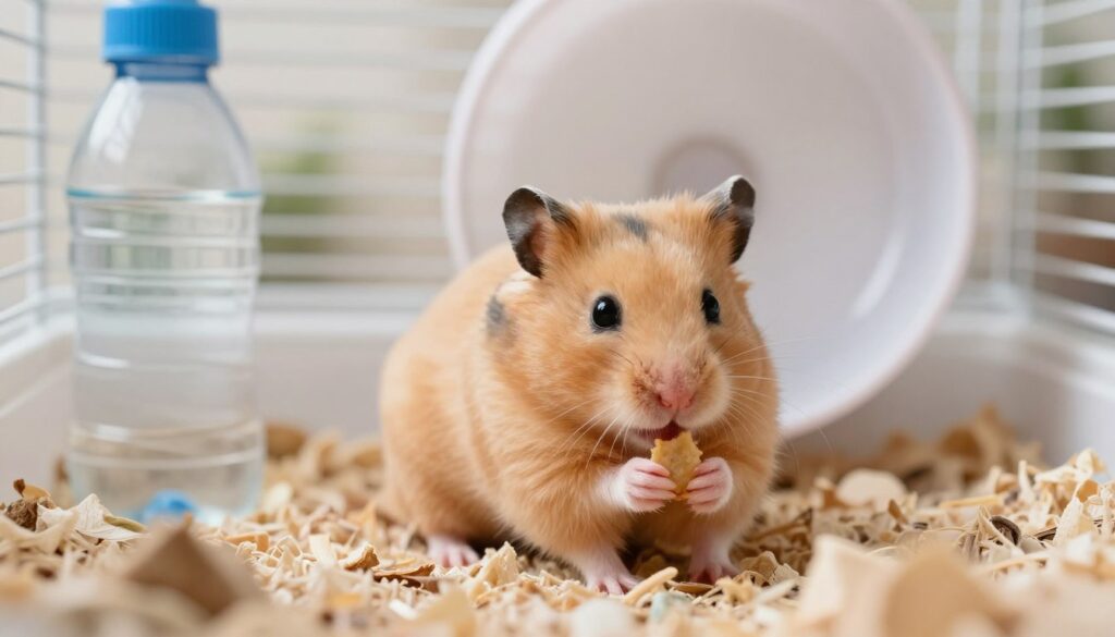 A Syrian hamster in a well-lit, cozy environment, sitting on a soft layer of bedding in its cage. The foreground features the hamster with its distinctive golden-brown fur and small, beady eyes, playfully holding a piece of food. In the middle ground, a clear water bottle and a small wheel are visible, emphasizing the concept of a loving, healthy habitat. The background is softly blurred, showcasing a gentle pastel color scheme that evokes a warm atmosphere. The lighting is soft and natural, suggesting a pleasant indoor setting. The overall mood should convey a sense of care, emphasizing the importance of ethical breeding practices and the joy of owning a Syrian hamster as a pet.