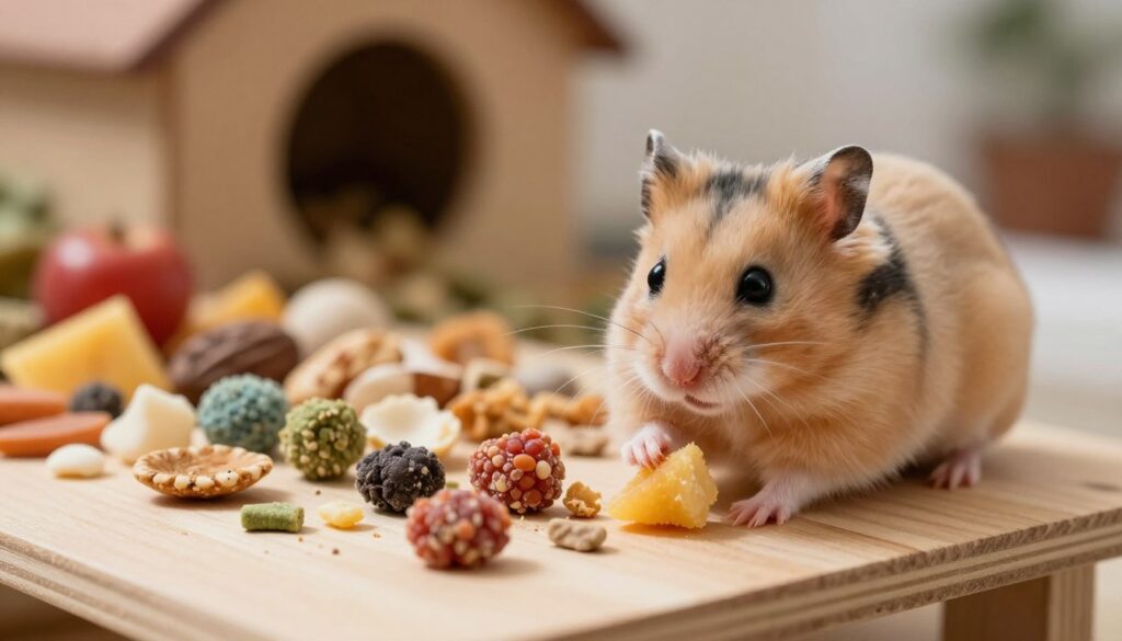 A Syrian hamster, perched on a small wooden platform with various food items scattered around, showcasing common feeding mistakes by pet owners. In the foreground, highlight the hamster's inquisitive expression as it curiously inspects an inappropriate food item, like a piece of fruit or sugary treat. The middle ground features a colorful assortment of healthy hamster food and some unsuitable snacks, like nuts and sweets, arranged chaotically. The background displays a cozy living space for hamsters, with soft lighting to create a warm and inviting ambiance. Use a macro lens effect to bring attention to the hamster while blurring the background slightly, capturing the playful yet concerning theme of improper feeding habits. The overall atmosphere should evoke a sense of caution and care for hamster well-being.