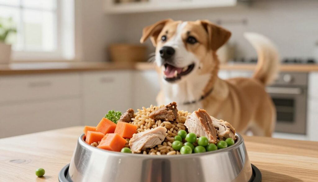 A balanced, nutritious dog food bowl prominently displayed in the foreground, filled with a variety of healthy ingredients like brown rice, diced carrots, peas, and lean chicken pieces. In the middle ground, a happy, healthy dog is looking at the bowl, excited and wagging its tail, embodying vitality and joy. The background features a warm, inviting kitchen setting with natural light streaming through a window, creating a cozy atmosphere. Soft, diffused lighting highlights the freshness of the food ingredients, while a slight depth of field adds focus to the dog and the food bowl. The overall mood conveys health, happiness, and responsible pet care, ideal for emphasizing a balanced diet for dogs.