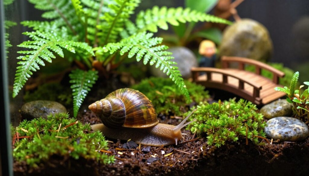A beautifully arranged terrarium featuring a variety of lush green plants and a moist soil substrate. In the foreground, a radiant African land snail is slowly exploring the terrarium, its shell intricately detailed with browns and greens. Surrounding the snail, small ferns and mosses add texture and life to the scene, while droplets of water glisten on the leaves, hinting at a well-maintained environment. In the background, a softly blurred backdrop of other terrarium elements creates depth, including stones and miniature decorations like a tiny wooden bridge. The lighting is warm and gentle, casting a natural glow that emphasizes the serene atmosphere. shot from a slight top-down angle, inviting the viewer to appreciate the vibrant ecosystem within the terrarium.