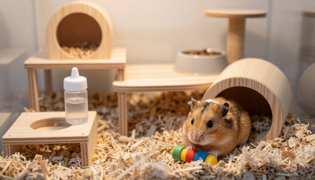 A beautifully designed habitat for a Dzungarian hamster, featuring a spacious, multi-level cage with natural elements like wooden platforms, tunnels, and a cozy nesting area filled with soft bedding. In the foreground, a curious Dzungarian hamster peeks out from a colorful chew toy, its fur perfectly detailed. The middle ground showcases the intricate layout of the cage with a small water bottle and a food bowl, placed artfully. In the background, soft, warm lighting creates a calm atmosphere, evoking a sense of a nurturing and healthy environment. The entire scene is shot from a slightly elevated angle to give an overall perspective of the cage's design, emphasizing comfort and safety for the hamster, promoting longevity. A beautifully designed habitat for a Dzungarian hamster, featuring a spacious, multi-level cage with natural elements like wooden platforms, tunnels, and a cozy nesting area filled with soft bedding. In the foreground, a curious Dzungarian hamster peeks out from a colorful chew toy, its fur perfectly detailed. The middle ground showcases the intricate layout of the cage with a small water bottle and a food bowl, placed artfully. In the background, soft, warm lighting creates a calm atmosphere, evoking a sense of a nurturing and healthy environment. The entire scene is shot from a slightly elevated angle to give an overall perspective of the cage's design, emphasizing comfort and safety for the hamster, promoting longevity.