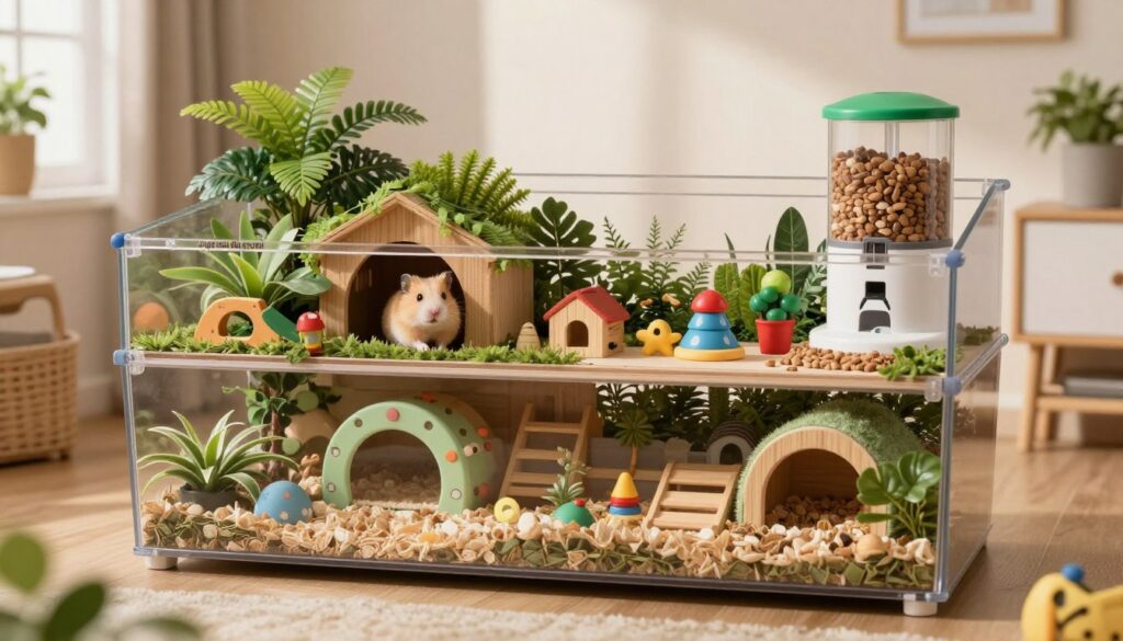 A beautifully designed "nagarium dla gryzoni" (pet enclosure for small rodents) set in a cozy interior environment. In the foreground, the nagarium showcases multiple levels with green plants and a soft bedding bottom, inviting and colorful decorations, and small tunnels for exploration. In the middle, a charming hamster peeks out from its hideout, surrounded by toys and food dispensers, creating a lively atmosphere. The background features a softly lit room with warm natural light filtering in through a window, casting gentle shadows that add depth. The scene evokes a sense of comfort and happiness, illustrating the benefits of a nagarium as a nurturing habitat for hamsters over traditional cages, emphasizing an engaging and playful setting.