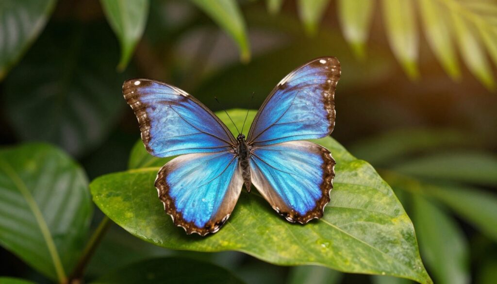 A beautifully detailed Morpho butterfly, showcasing its striking blue iridescent wings, delicately perched on a vibrant green leaf. The foreground features elegant close-ups of the butterfly’s intricate wing patterns and textures, while the middle ground presents a softly blurred backdrop of lush tropical foliage, hinting at its natural habitat. The lighting is warm and dappled, simulating sunlight filtering through the leaves, creating a serene atmosphere that evokes a sense of fleeting beauty. The composition emphasizes the delicate nature of the butterfly as a symbol of ephemeral existence, inviting viewers to contemplate the short lifespan of the Morpho. Shot with a macro lens from a low angle to enhance the butterfly's grandeur against its lush greenery.