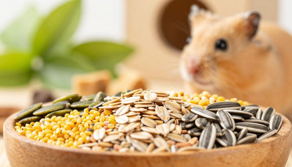 A bright and colorful close-up of a variety of grains and seeds suitable for dwarf hamsters, including oats, millet, pumpkin seeds, and sunflower seeds. In the foreground, showcase a wooden bowl overflowing with these grains, emphasizing their textures and colors. The middle ground features a soft, natural setting with green leaves and subtle hints of other safe hamster treats, creating a harmonious balance. In the background, a gently blurred, warm-toned habitat for hamsters can be seen, suggesting a safe and nourishing environment. The lighting is soft and natural, highlighting the freshness of the seeds, with a slight glow that enhances the inviting atmosphere. The mood is cheerful and serene, perfect for illustrating a nutritious diet. A bright and colorful close-up of a variety of grains and seeds suitable for dwarf hamsters, including oats, millet, pumpkin seeds, and sunflower seeds. In the foreground, showcase a wooden bowl overflowing with these grains, emphasizing their textures and colors. The middle ground features a soft, natural setting with green leaves and subtle hints of other safe hamster treats, creating a harmonious balance. In the background, a gently blurred, warm-toned habitat for hamsters can be seen, suggesting a safe and nourishing environment. The lighting is soft and natural, highlighting the freshness of the seeds, with a slight glow that enhances the inviting atmosphere. The mood is cheerful and serene, perfect for illustrating a nutritious diet.