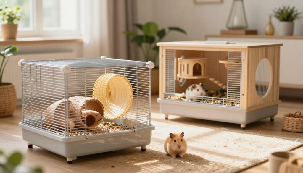 A brightly lit, spacious interior showcasing two different types of hamster cages: one designed for a Syrian hamster and the other for a Dzungarian hamster. In the foreground, a Syrian hamster is actively exploring a large, multi-level habitat filled with tunnels, chew toys, and a spacious wheel, illuminated by soft, warm lighting. The middle section features the Dzungarian hamster in a smaller, cozy cage with natural wood elements, bedding, and a small climbing area, with gentle sunlight filtering through a nearby window. The background presents a neutral, calming color palette with house plants and decorative objects that enhance the atmosphere of a pet-friendly home. The scene conveys a nurturing and vibrant mood, emphasizing the responsibilities of caring for both species in practical terms.