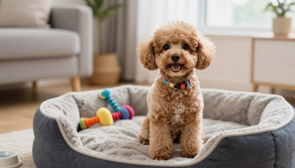 A captivating image of an adorable Toy Poodle sitting on a plush, stylish dog bed in a cozy living room environment. In the foreground, the poodle is depicted with its lush, curly fur, bright eyes, and an enthusiastic expression, emphasizing its playful nature. In the middle ground, various pet accessories like a colorful dog collar, toys, and a water bowl can be seen, suggesting the costs associated with pet ownership. In the background, soft natural light filters through a window, illuminating the space, creating a warm and inviting atmosphere. The overall mood is cheerful and lively, reflecting the joy of owning a Toy Poodle. The composition should focus on the poodle's features, highlighting its charm and the affectionate bond it shares with its owner, while maintaining a professional and polished aesthetic. A captivating image of an adorable Toy Poodle sitting on a plush, stylish dog bed in a cozy living room environment. In the foreground, the poodle is depicted with its lush, curly fur, bright eyes, and an enthusiastic expression, emphasizing its playful nature. In the middle ground, various pet accessories like a colorful dog collar, toys, and a water bowl can be seen, suggesting the costs associated with pet ownership. In the background, soft natural light filters through a window, illuminating the space, creating a warm and inviting atmosphere. The overall mood is cheerful and lively, reflecting the joy of owning a Toy Poodle. The composition should focus on the poodle's features, highlighting its charm and the affectionate bond it shares with its owner, while maintaining a professional and polished aesthetic.