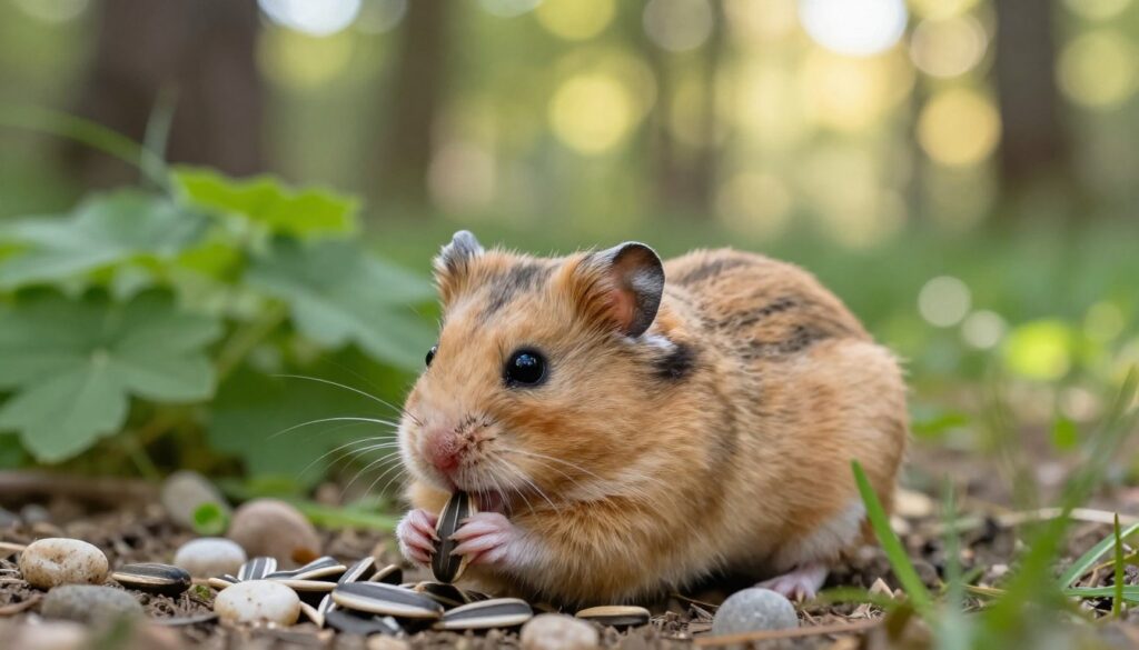 A charming Dzungarian hamster in a natural setting, featuring its soft, sandy-colored fur with subtle stripes along its back. The hamster is energetically nibbling on a sunflower seed, positioned in the foreground, with bright, curious eyes that capture its playful personality. In the middle ground, include lush green foliage to represent its natural habitat, along with a few scattered small pebbles and fresh grass blades. The background should consist of softly blurred trees, suggesting a vibrant, warm day with dappled sunlight filtering through the leaves, creating a tranquil atmosphere. Use a shallow depth of field to emphasize the hamster while maintaining a serene woodland ambiance. The overall mood is lively yet peaceful, showcasing the beauty of this popular pet in its natural environment.
