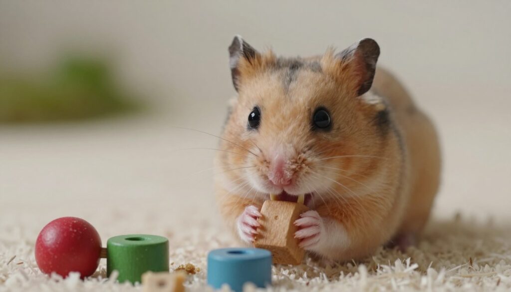 A charming close-up of a fluffy hamster nibbling on colorful wooden chew toys specifically designed for dental care, set against a soft, natural background of light, textured bedding. The focus is on the hamster's tiny teeth actively grinding the wood, symbolizing the importance of dental health. Gentle, diffused lighting enhances the warmth of the scene, creating a serene atmosphere. The depth of field blurs the background slightly to emphasize the hamster and its toys, giving an intimate feel to the composition. A hint of greenery in the background evokes a natural habitat, underscoring the idea of providing suitable, healthy alternatives to bread for hamsters. A charming close-up of a fluffy hamster nibbling on colorful wooden chew toys specifically designed for dental care, set against a soft, natural background of light, textured bedding. The focus is on the hamster's tiny teeth actively grinding the wood, symbolizing the importance of dental health. Gentle, diffused lighting enhances the warmth of the scene, creating a serene atmosphere. The depth of field blurs the background slightly to emphasize the hamster and its toys, giving an intimate feel to the composition. A hint of greenery in the background evokes a natural habitat, underscoring the idea of providing suitable, healthy alternatives to bread for hamsters.