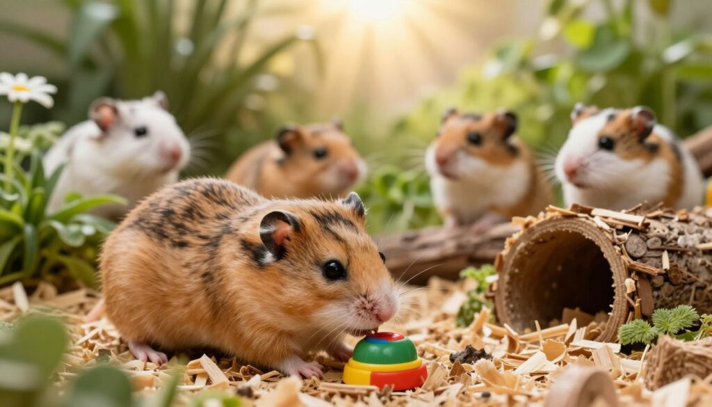 A charming scene featuring a group of Dzungarian hamsters in their natural habitat. In the foreground, a playful Dzungarian hamster with soft, sandy fur and distinctive black stripes is curiously sniffing at a small, colorful toy. The middle ground depicts a lush, vibrant environment filled with green plants, wood shavings, and small tunnels made from natural materials, highlighting their playful nature. In the background, a soft focus captures a warm, sunlit setting with gentle rays filtering through, creating a serene and peaceful atmosphere. The image conveys an intimate moment of these adorable hamsters, emphasizing their lively and curious behavior. The lighting is soft and warm, ideal for showcasing their fluffy textures and colors, with a slight emphasis on depth of field to enhance realism.