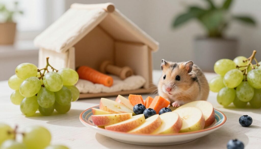 A charming scene featuring a variety of safe, healthy alternatives to grapes suitable for small pets like hamsters. In the foreground, display fresh slices of apples, blueberries, and small pieces of carrot creatively arranged on a colorful plate, inviting and vibrant. In the middle ground, place a cozy small animal habitat with soft bedding and chew toys, suggesting a playful environment. The background should be softly blurred, depicting a well-lit room with a touch of greenery, perhaps a potted plant, to evoke a healthy, natural feel. The overall atmosphere should be warm and inviting, with soft natural lighting casting gentle shadows, creating a sense of comfort and care. A charming scene featuring a variety of safe, healthy alternatives to grapes suitable for small pets like hamsters. In the foreground, display fresh slices of apples, blueberries, and small pieces of carrot creatively arranged on a colorful plate, inviting and vibrant. In the middle ground, place a cozy small animal habitat with soft bedding and chew toys, suggesting a playful environment. The background should be softly blurred, depicting a well-lit room with a touch of greenery, perhaps a potted plant, to evoke a healthy, natural feel. The overall atmosphere should be warm and inviting, with soft natural lighting casting gentle shadows, creating a sense of comfort and care.