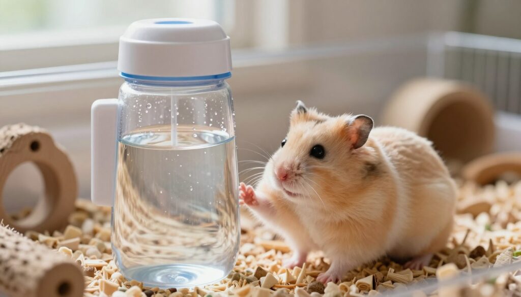 A clean and well-organized hamster habitat featuring a clear, modern water bottle, filled with fresh water for the hamster. In the foreground, the focus is on the water bottle affixed securely to the side of the enclosure, with glistening droplets on its surface, highlighting the freshness of the water. In the middle ground, a curious hamster reaches out towards the bottle, its coat fluffy and soft, conveying a sense of vitality and health. The background includes cozy bedding and chew toys, creating an inviting atmosphere. Soft, natural lighting filters in from a nearby window, enhancing the colors and textures. The overall mood is warm and nourishing, emphasizing the essential role of fresh water in promoting the hamster's well-being. A clean and well-organized hamster habitat featuring a clear, modern water bottle, filled with fresh water for the hamster. In the foreground, the focus is on the water bottle affixed securely to the side of the enclosure, with glistening droplets on its surface, highlighting the freshness of the water. In the middle ground, a curious hamster reaches out towards the bottle, its coat fluffy and soft, conveying a sense of vitality and health. The background includes cozy bedding and chew toys, creating an inviting atmosphere. Soft, natural lighting filters in from a nearby window, enhancing the colors and textures. The overall mood is warm and nourishing, emphasizing the essential role of fresh water in promoting the hamster's well-being.