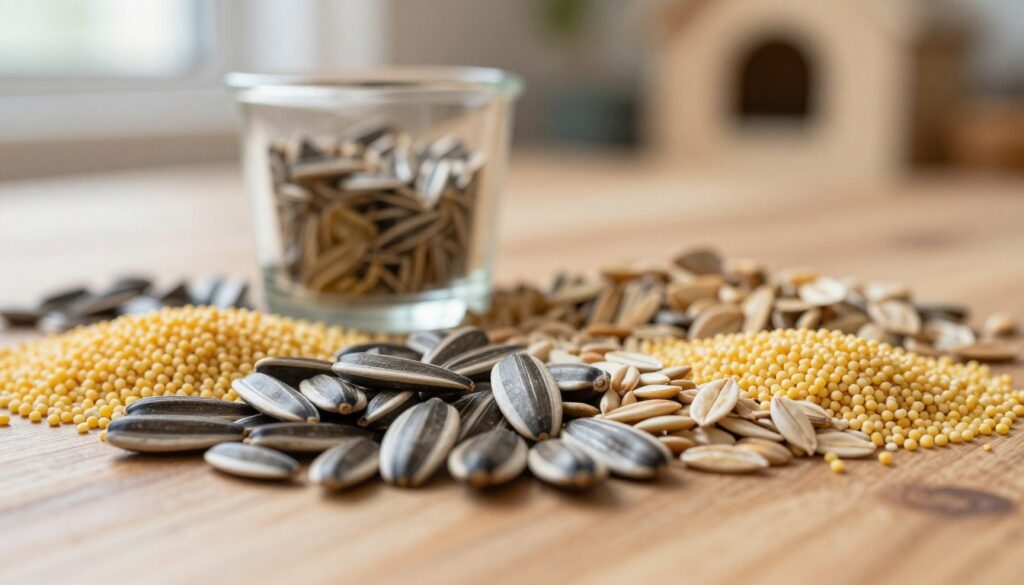 A close-up composition of a variety of grains and seeds spread out on a wooden surface, showcasing a rich diversity that includes sunflower seeds, millet, and oats. The foreground features intricately detailed seeds with textures highlighted by soft, diffused natural lighting. In the middle ground, a small, clear glass container partially filled with seeds adds interest, reflecting light gently. The background is softly blurred, revealing hints of a cozy home atmosphere, perhaps with a faint outline of a small pet habitat. The overall mood is warm and inviting, emphasizing the importance of nutritious grains for small pets, creating a serene and educational environment.