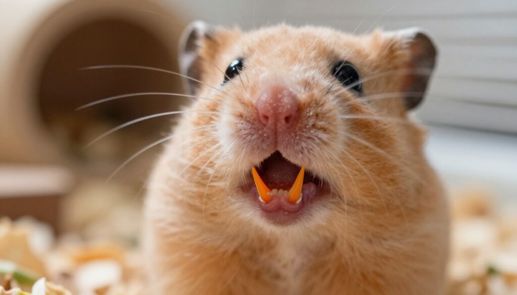 A close-up depiction of a healthy hamster's incisors, or "siekacze," prominently featured in the foreground. The incisors should be bright orange in color, showcasing their sharpness and unique structure. In the middle ground, include a light reflection to highlight the texture of the teeth, amidst a soft focus on the surrounding gums, illustrating their connection to the overall dental anatomy of the hamster. The background should be a blurred habitat scene, perhaps a cozy cage with soft bedding, enhancing the warmth and natural environment of the hamster. The lighting is warm and inviting, emulating a natural daylight setting, while the image captures a sense of curiosity and detail focused on the dental health of the hamster.