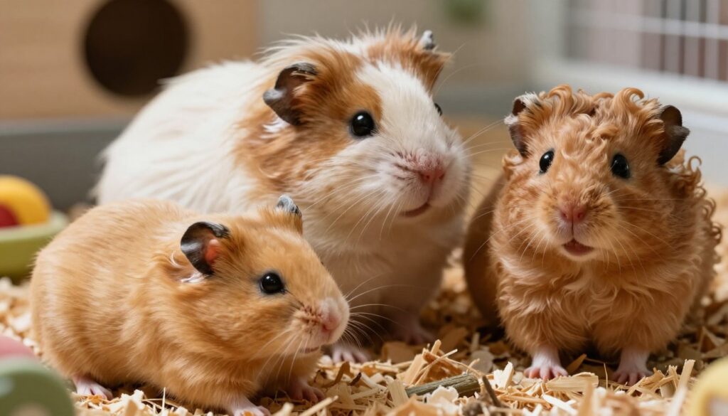 A close-up, detailed view of various Syrian hamsters showcasing different fur types: short-haired, long-haired, satin, and rex. The foreground features a short-haired hamster with a golden coat, its round body and tiny paws delicately positioned. In the middle, the long-haired hamster displays its flowing, soft fur in shades of cream and brown, while the satin hamster shines subtly under gentle lighting with a silky texture. The rex hamster, with its unique curly fur, is presented in a playful pose. The background is softly blurred, creating a cozy and warm atmosphere, resembling a small habitat with wood shavings and a few toys. Natural light filters in, giving the scene a vibrant, peaceful ambiance.