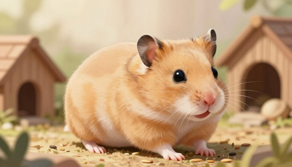 A close-up illustration of a mature female hamster in a naturalistic setting, showcasing her reproductive cycle. The foreground prominently features the hamster with a soft, fluffy coat in shades of golden brown and white, displaying its small, expressive eyes. The middle ground captures the surrounding habitat, with natural elements like soft bedding, small wooden structures, and a few scattered seeds, creating a cozy environment. The background is softly blurred, hinting at a gentle, warm light filtering through, mimicking a serene daytime atmosphere. The angle should be slightly from above, highlighting the hamster’s behaviors and posture that reflect its estrus cycle. The overall mood is educational yet inviting, emphasizing the hamster's natural beauty and biology.