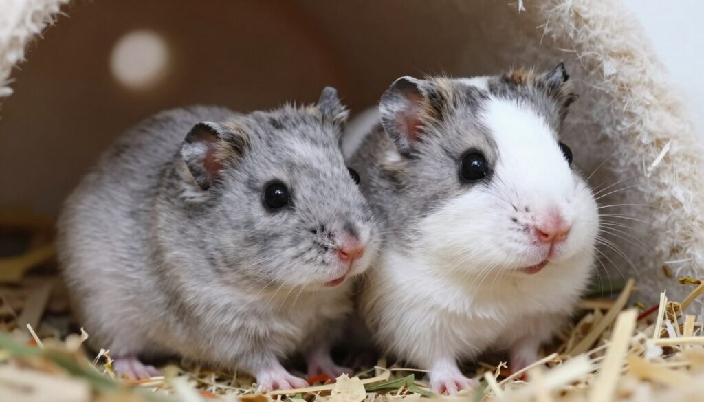 A close-up illustration of two dwarf hamsters, one male and one female, nestled together in a cozy nesting area. The male hamster is slightly larger with a more robust body, and exhibits more pronounced cheek pouches, surrounded by soft bedding materials. The female is smaller, with a sleeker body and a more delicate appearance. Include vibrant details in their fur textures, showcasing shades of grey and white. The lighting should be soft and natural, illuminating the hamsters gently to enhance their cuteness, with a slight bokeh effect in the background to suggest warmth and a safe environment. The mood should be informative yet inviting, emphasizing the importance of their age for determining gender characteristics.