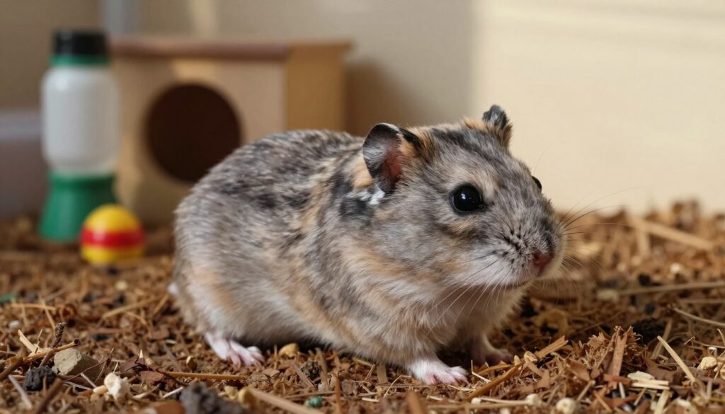 A close-up image of a Dzungarian hamster showcasing its unique coloration and fur patterns. In the foreground, a fluffy Dzungarian hamster with agouti fur, featuring a light gray body and darker stripes along its back, is perched curiously on a soft, brown bedding in a natural habitat setting. The middle ground reveals a cozy enclosure with small toys and a water bottle, enhancing the homey atmosphere. In the background, soft, warm lighting mimics a sunny afternoon, creating gentle shadows that highlight the hamster’s features. The overall mood is peaceful and inviting, emphasizing the charm and beauty of this small pet, without any text or distractions.