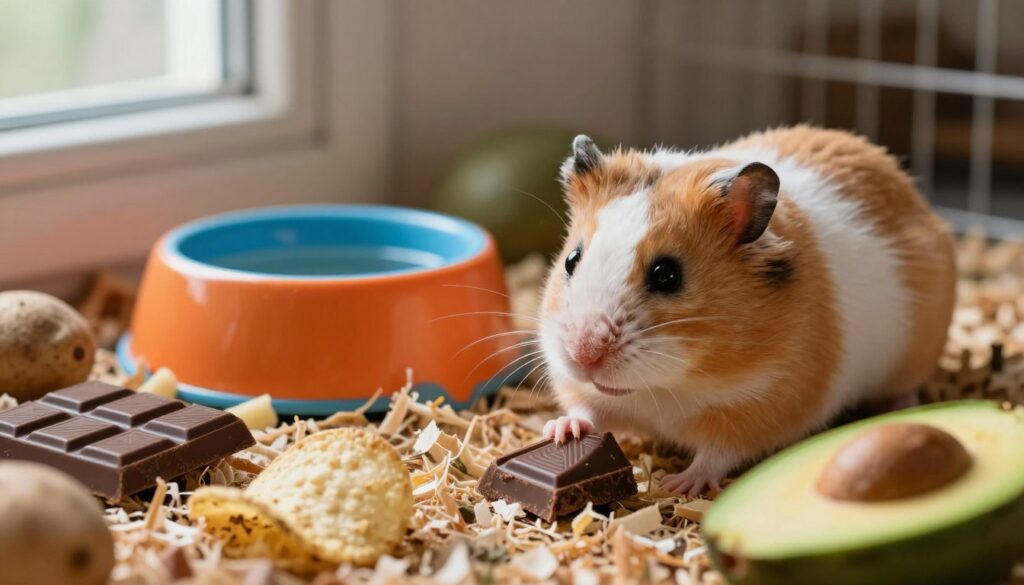 A close-up image of a Syrian hamster in a colorful but cluttered habitat, surrounded by various risky foods and harmful objects. In the foreground, the hamster looks curiously at a piece of chocolate, a potato chip, and an avocado slice, emphasizing their potential danger. The middle layer features a small, vivid water bowl and bedding scattered with shavings, creating a cozy home environment that contrasts the risky items. In the background, soft natural light filters through a small window, casting gentle shadows that enhance the mood of caution. The overall atmosphere should evoke a sense of awareness and vigilance regarding hamster care, without any text or branding. A close-up image of a Syrian hamster in a colorful but cluttered habitat, surrounded by various risky foods and harmful objects. In the foreground, the hamster looks curiously at a piece of chocolate, a potato chip, and an avocado slice, emphasizing their potential danger. The middle layer features a small, vivid water bowl and bedding scattered with shavings, creating a cozy home environment that contrasts the risky items. In the background, soft natural light filters through a small window, casting gentle shadows that enhance the mood of caution. The overall atmosphere should evoke a sense of awareness and vigilance regarding hamster care, without any text or branding.
