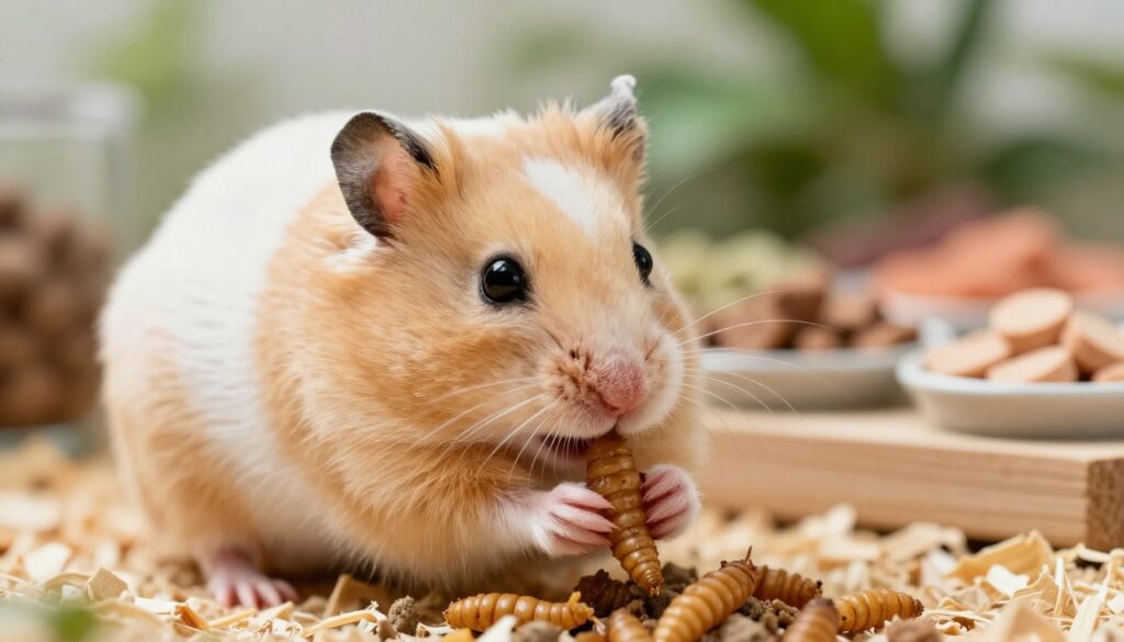 A close-up image of a Syrian hamster, with soft, fluffy fur in shades of golden beige and white, enjoying a small piece of protein-rich food such as boiled chicken or mealworms. The hamster is positioned in the foreground, with its tiny paws delicately clutching the food, and its bright eyes glistening with curiosity. The middle ground features a well-organized feeding area with a variety of protein options displayed in small bowls, emphasizing the dietary aspect. The background is softly blurred, highlighting the natural habitat with wood shavings and gentle greenery, creating a warm, inviting atmosphere. Bright, natural lighting illuminates the scene, capturing the textures of the hamster's fur and the food. The lens should be macro to emphasize the details, evoking a sense of care and nourishment for the pet.