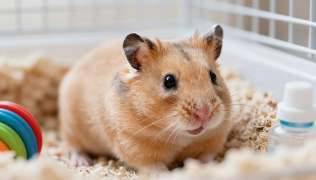 A close-up image of a healthy hamster nestled in soft bedding in a well-lit, cozy enclosure. The hamster has a soft, tawny coat with distinct facial features, including bright, curious eyes and small, twitching whiskers. Surrounding the hamster, there are gentle hints of colorful toys and a small water bottle, adding a sense of security. The background features a subtle blur of the cage bars, emphasizing the hamster as the central focus. The soft, natural lighting creates a warm and reassuring atmosphere, encouraging a sense of care and comfort. Capture this scene from a slight angle to highlight the hamster’s features while maintaining the essence of a safe, nurturing environment. A close-up image of a healthy hamster nestled in soft bedding in a well-lit, cozy enclosure. The hamster has a soft, tawny coat with distinct facial features, including bright, curious eyes and small, twitching whiskers. Surrounding the hamster, there are gentle hints of colorful toys and a small water bottle, adding a sense of security. The background features a subtle blur of the cage bars, emphasizing the hamster as the central focus. The soft, natural lighting creates a warm and reassuring atmosphere, encouraging a sense of care and comfort. Capture this scene from a slight angle to highlight the hamster’s features while maintaining the essence of a safe, nurturing environment.
