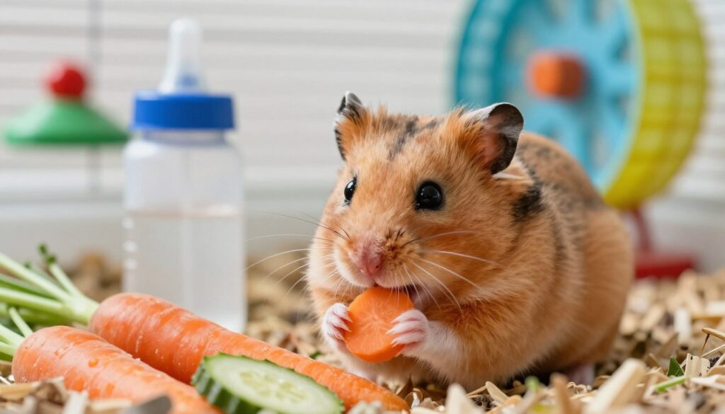 A close-up image of a healthy hamster, showcasing its vibrant fur and lively eyes, sitting comfortably inside a cozy, well-maintained habitat. The foreground features the hamster nibbling on fresh vegetables like carrots and cucumbers, emphasizing its nutritional needs. In the middle ground, include a water bottle and a small bedding area, conveying a nurturing environment. The background should be softly blurred, hinting at a clean, spacious cage with colorful toys and a wheel, creating a playful atmosphere. Natural soft lighting illuminates the scene, highlighting the hamster's texture, while a slight top-down angle captures its playful demeanor. The mood is warm and inviting, perfect for illustrating health and well-being in hamsters. A close-up image of a healthy hamster, showcasing its vibrant fur and lively eyes, sitting comfortably inside a cozy, well-maintained habitat. The foreground features the hamster nibbling on fresh vegetables like carrots and cucumbers, emphasizing its nutritional needs. In the middle ground, include a water bottle and a small bedding area, conveying a nurturing environment. The background should be softly blurred, hinting at a clean, spacious cage with colorful toys and a wheel, creating a playful atmosphere. Natural soft lighting illuminates the scene, highlighting the hamster's texture, while a slight top-down angle captures its playful demeanor. The mood is warm and inviting, perfect for illustrating health and well-being in hamsters.