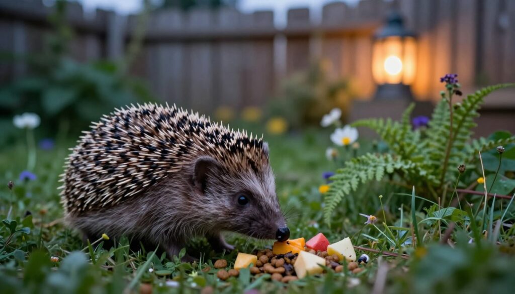 A close-up image of a hedgehog foraging in a lush, green garden at twilight. The foreground features the hedgehog, with its prickly fur glistening softly in the fading light, as it sniffs curiously at a small pile of appropriate food like cat food, chopped fruits, and insects. In the middle ground, wildflowers and ferns create a vibrant and inviting atmosphere, while the background shows a blurred view of a wooden fence and soft, warm lighting from garden lanterns, adding a cozy ambiance. The overall mood is tranquil and nurturing, emphasizing the importance of mindful feeding in a natural habitat. Use a shallow depth of field to focus on the hedgehog, with gentle bokeh effects enhancing the softness of the scene.
