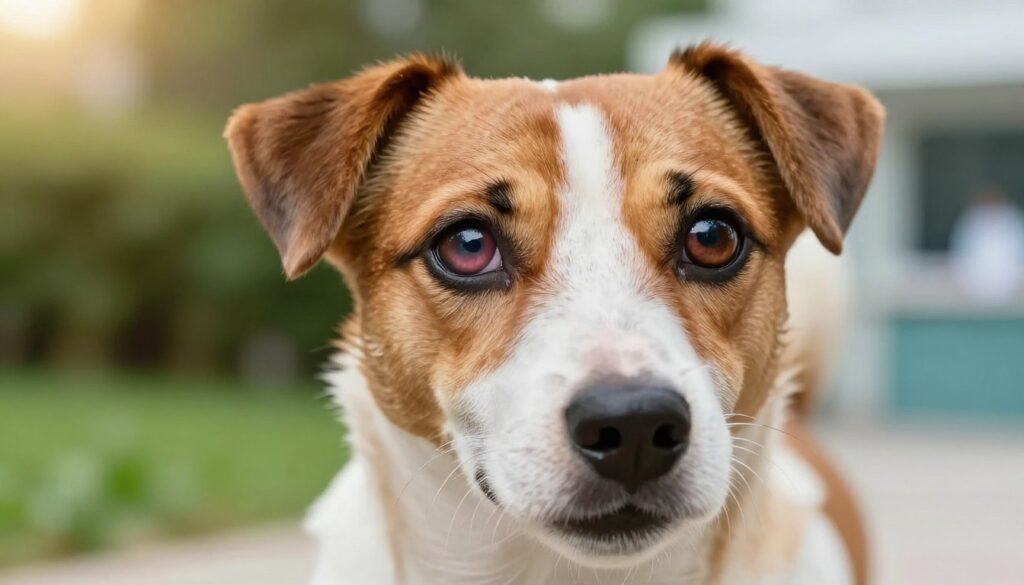 A close-up of a Jack Russell Terrier's face, showcasing its expressive eyes and vibrant, energetic demeanor. In the foreground, the dog's eyes display signs of common eye diseases, like cataracts or corrosion, providing a focus on the health aspect. The middle ground features blurred greenery, suggesting an outdoor environment, while the background subtly includes hints of a veterinarian's clinic, emphasizing the health theme. The lighting is warm and natural, radiating soft sunlight that highlights the dog's fur and eyes. The mood is both informative and caring, inviting viewers to reflect on the importance of dog health. The angle is slightly elevated, capturing both the dog's features and its surroundings, creating an engaging perspective.