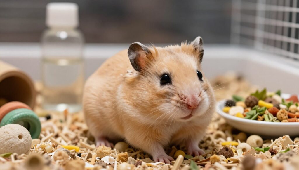 A close-up of a Siberian dwarf hamster, showcasing its age and life stages. The foreground features the hamster in a cozy, well-lit habitat with soft bedding and small chew toys, highlighting its fur texture and facial features, capturing a wise expression. In the middle, a small glass water bottle and a dish filled with fresh food are visible, indicating care and attention to its environment. The background includes a glimpse of its cage, with gentle, diffuse lighting that enhances the warm, nurturing atmosphere. The image conveys a sense of tranquility and affection, emphasizing the hamster's connection to its caretaker while focusing on its age and growth.