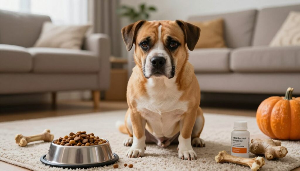 A close-up of a concerned dog sitting on a cozy living room rug, with its eyes wide and expression alert, highlighting signs of discomfort in its abdomen. Surround the dog with various elements that symbolize potential causes of stomach pain, such as a bowl of unhealthy dog food, a few scattered bones, and a couple of safe, homeopathic remedies like ginger and pumpkin. The background features a softly lit room with warm colors, a cozy couch, and a few pet toys. Use natural light filtering through the window to create a calm and comforting atmosphere, evoking empathy and concern. Maintain focus on the dog's facial expression while subtly hinting at the causes around it. A close-up of a concerned dog sitting on a cozy living room rug, with its eyes wide and expression alert, highlighting signs of discomfort in its abdomen. Surround the dog with various elements that symbolize potential causes of stomach pain, such as a bowl of unhealthy dog food, a few scattered bones, and a couple of safe, homeopathic remedies like ginger and pumpkin. The background features a softly lit room with warm colors, a cozy couch, and a few pet toys. Use natural light filtering through the window to create a calm and comforting atmosphere, evoking empathy and concern. Maintain focus on the dog's facial expression while subtly hinting at the causes around it.