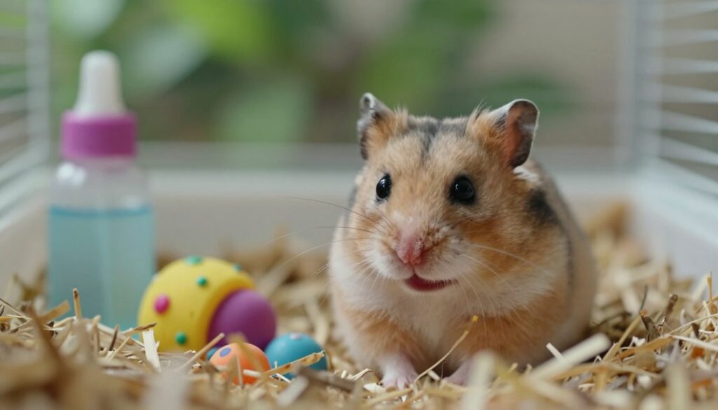 A close-up of a concerned hamster with visible shivering, highlighting its tiny, furry body in detail. The hamster is positioned in the foreground, nestled in a cozy bed of soft bedding that resembles straw and shredded paper, showcasing its anxious expression and twitching whiskers. In the middle ground, there are elements like a small, colorful water bottle and a chew toy, indicating a habitat environment. The background features blurred, soft colors representing a typical hamster cage setting filled with greenery and pet accessories. The lighting is soft and warm, creating a calm atmosphere while highlighting the hamster's distress, reflecting the mood of concern and urgency in understanding its condition.