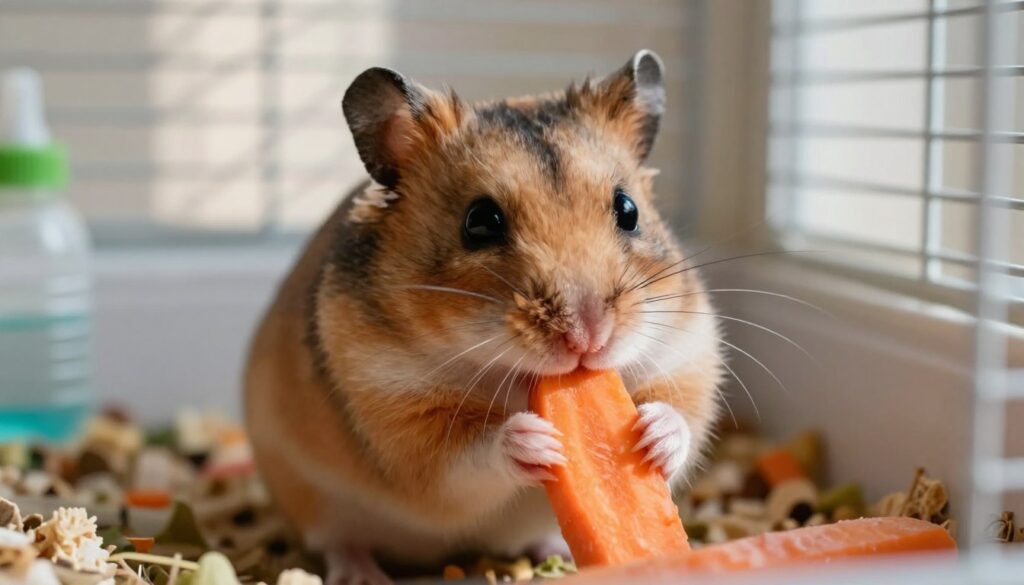A close-up of a curious hamster in a cozy, well-furnished cage, nibbling on a piece of fresh vegetable, like a slice of carrot. The hamster's tiny paws are gripping the food, showcasing its delicate features, with its whiskers prominently displayed. The background reveals a hint of colorful bedding and a small water bottle, suggesting a nurturing environment. Soft, natural lighting filters through the cage, casting gentle shadows for depth. The image captures a moment of calm and curiosity, emphasizing the hamster's playful nature while highlighting the importance of understanding its behavior. The composition focuses on the hamster, with the cage providing an inviting, warm backdrop.