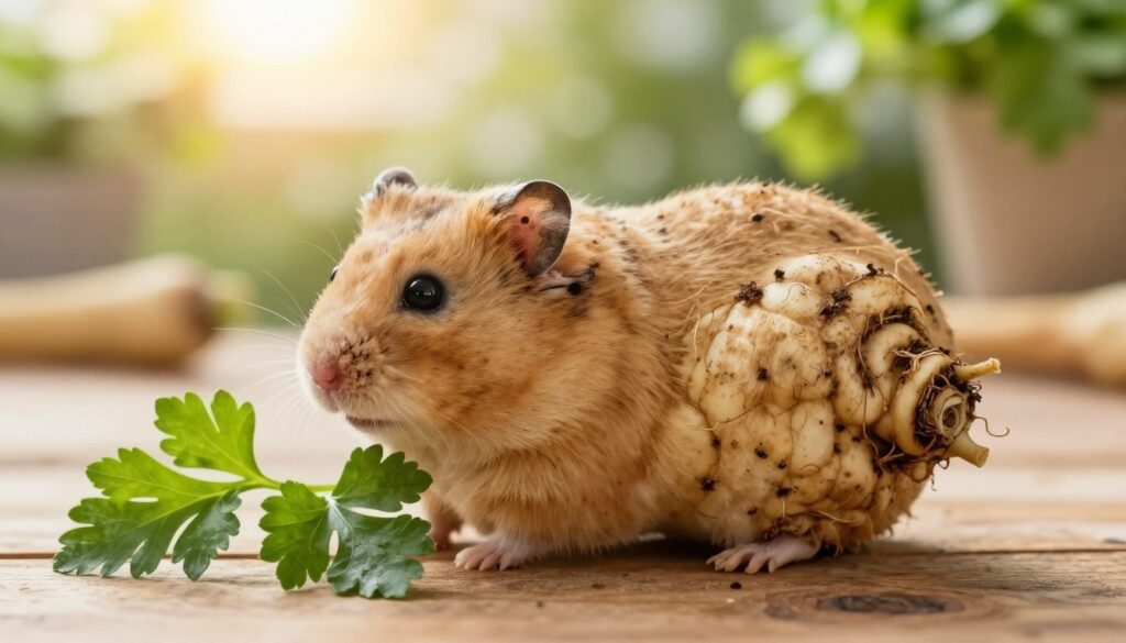 A close-up of a fresh parsley root, specifically the edible variety suitable for hamsters, resting on a natural wooden surface. The root showcases its unique, irregular shapes and earthy tones, with visible texture and dirt still clinging to its skin. In the foreground, soft green parsley leaves add a vibrant contrast. The background features a softly blurred garden setting filled with gentle afternoon sunlight filtering through leaves, creating a warm, inviting atmosphere. The image should convey the idea of freshness and healthiness, with a shallow depth of field to emphasize the root and leaves while gently blurring any other elements. Ideal for a lively, informative article about hamster nutrition.