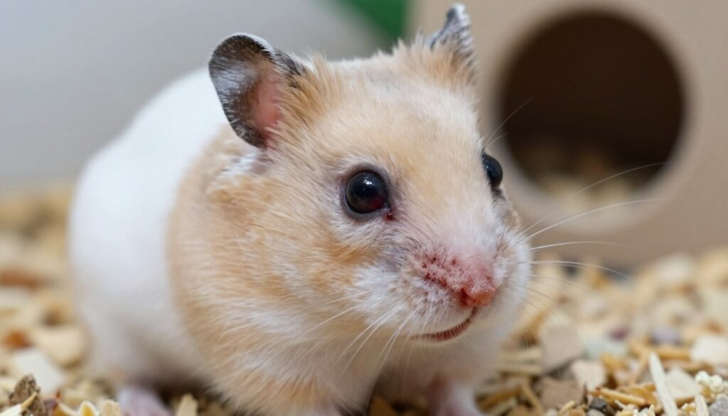 A close-up of a hamster with eye problems, showcasing signs of eye infections like redness, discharge, and swelling around the eyes. The foreground features the hamster gently perched on a soft, natural substrate, highlighting its delicate fur texture and facial features. In the middle ground, a subtle blurred background of a cozy pet habitat is visible, with soft natural lighting to emphasize the hamster's expressive eyes. The mood is attentive and compassionate, capturing the concern and care associated with pet health. The image should evoke an informative yet gentle atmosphere, perfect for educational content on common eye diseases in hamsters.