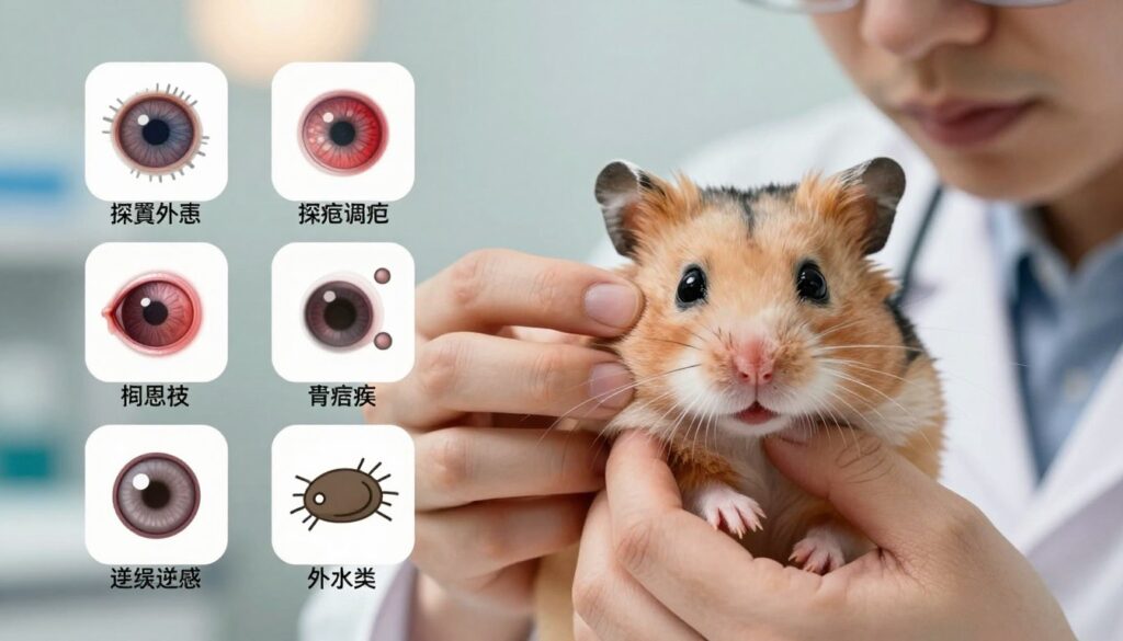 A close-up of a hamster's eye, showcasing a range of potential eye issues, such as redness, swelling, and discharge. In the foreground, the hamster is gently held by a veterinarian wearing a white lab coat, examining its eye with a focused expression. The vet's hands are careful and steady, emphasizing the need for compassion and care. In the middle ground, there are illustrations or icons representing common causes of eye problems in hamsters, such as allergens, infections, and foreign objects. The background is a softly blurred veterinary clinic with warm, inviting light, creating a safe and professional atmosphere. The image should feel informative and engaging, inviting readers to learn more about hamster eye health.
