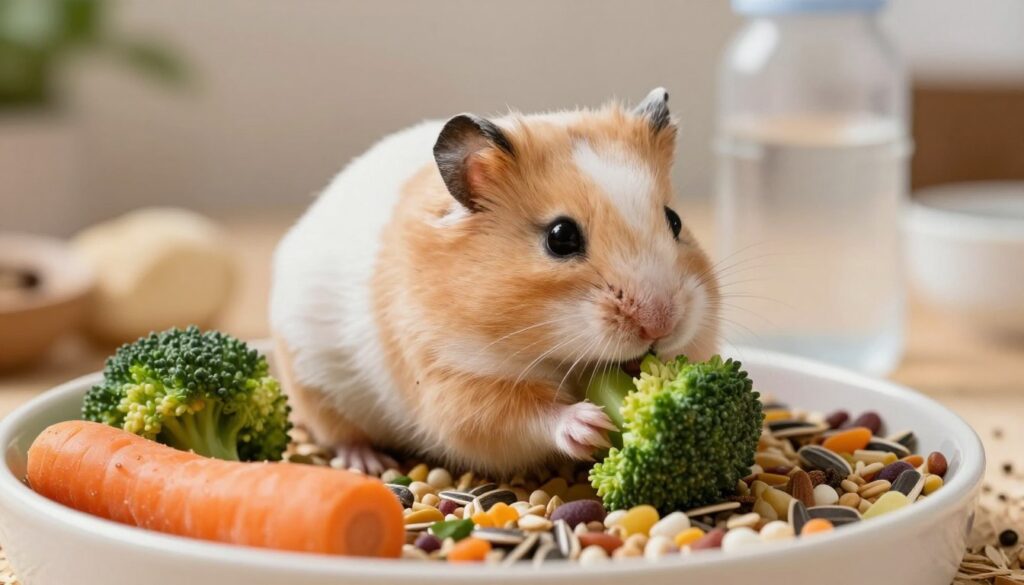 A close-up of a healthy Syrian long-haired hamster sitting in a beautifully arranged food dish, surrounded by a variety of colorful vegetables and grains like carrots, broccoli, and sunflower seeds. The hamster, with its fluffy fur, is nibbling on a piece of fresh broccoli, showcasing its natural behavior. In the background, a well-lit, cozy hamster habitat features soft bedding and a clear water bottle. Warm, natural lighting creates an inviting atmosphere, highlighting the textures of the hamster's fur and the freshness of the food. The image focuses on the hamster and its diet, emphasizing vitality and well-being, with a soft depth of field to blur the background gently.