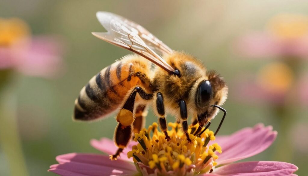 A close-up of a honeybee worker, showcasing intricate details of its body and wings, highlighted with soft, warm lighting to create a sense of life and activity. The bee is positioned in the foreground, actively gathering pollen from vibrant flowers that fill the middle ground. In the background, a hazy, sunlit garden scene captured with a slightly blurred focus emphasizes the bee’s habitat, evoking a sense of natural beauty and the vital role of bees in ecosystems. The image should convey a feeling of dedication and busyness, with soft bokeh effects to enhance the dreamy atmosphere, allowing viewers to connect with the lifespan and importance of the worker bee in a beautifully detailed setting.