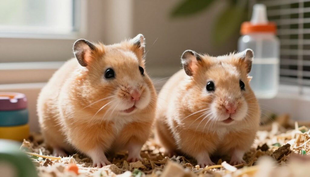 A close-up of a male and female hamster side by side, showcasing their distinct physical features for gender identification. In the foreground, the male hamster has a slightly larger build with more pronounced cheek pouches, while the female is a bit smaller and rounder, emphasizing reproductive differences. Both are perched on soft bedding in their cage, illuminated by warm, natural light that emanates from a nearby window, creating a cozy atmosphere. The middle ground contains a few small, colorful toys and a water bottle, enhancing the habitat context. The background features faint shadows of greenery, suggesting a natural environment, adding a peaceful touch. The mood is educational and inviting, perfect for illustrating gender recognition in hamsters.