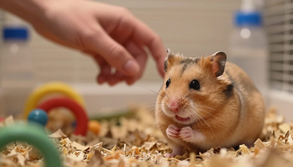 A close-up of a nervous hamster in a cozy enclosure, showcasing a slightly agitated expression. In the foreground, the hamster is perched on bedding, claws gripping the surface, hinting at its inclination to bite. In the middle ground, a hand gently reaches toward the hamster, demonstrating a cautious approach, fingers relaxed to avoid startling the animal. The background includes soft, blurred elements of the cage, such as chew toys and a water bottle, creating an inviting yet tense atmosphere. Warm, soft lighting casts a gentle glow, highlighting the textures of the hamster's fur and the contrasting colors of the cage elements, conveying a mood of care and concern. The image focuses on the dynamics of interaction between pet and owner, emphasizing the theme of understanding mistakes in taming.