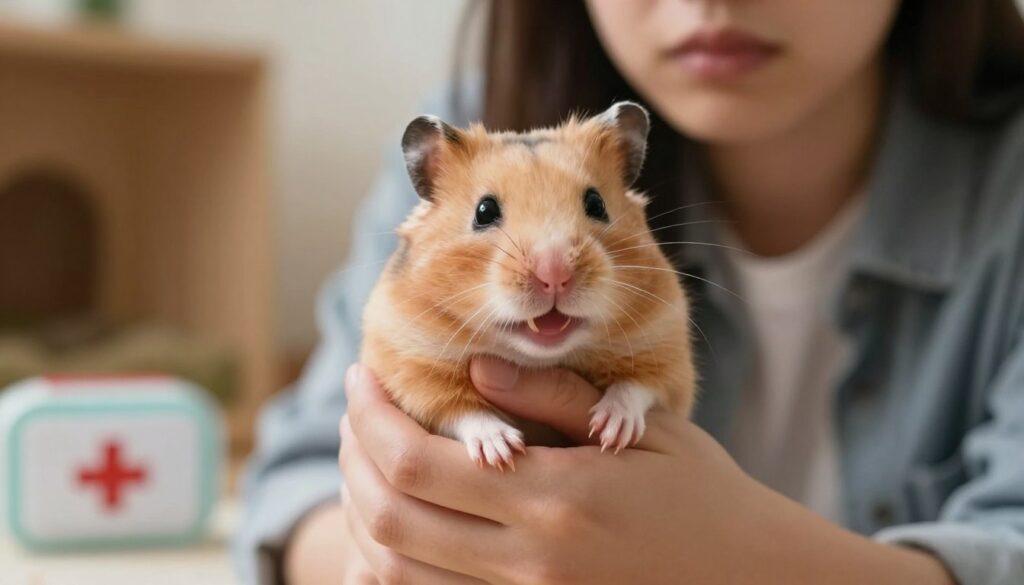 A close-up of a pet hamster with its tiny teeth partially bared, showing a playful yet slightly defensive expression, set against a soft blurred background of a cozy pet habitat. The hamster is perched on a person's hand, dressed in modest casual clothing, who is gently pulling their hand back with a concerned but calm demeanor. The scene is lit with warm, natural light, enhancing the texture of the hamster's fur and the softness of the person's skin. A small first aid kit is subtly visible in the background, hinting at safety and care. The overall mood is one of gentle caution, capturing the essence of a pet-owner moment while emphasizing the importance of handling a biting pet with care and hygiene.