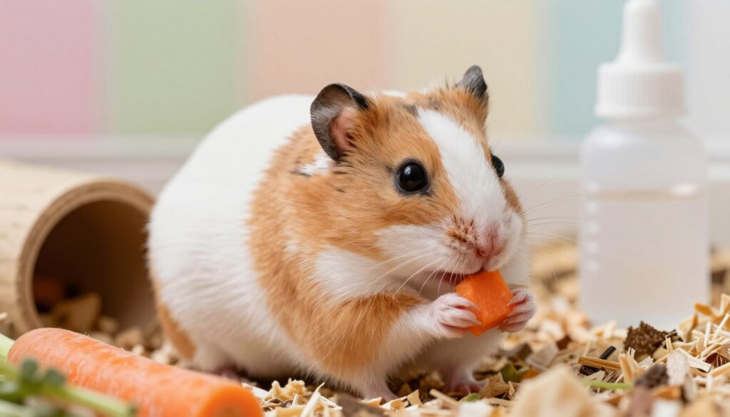 A close-up of a pregnant hamster, showcasing its round belly and soft fur texture, set against a cozy, well-lit habitat. The foreground features the hamster munching on a small piece of fresh carrot, with tiny paws holding the food. In the middle, the habitat is filled with bedding material, small tunnels, and a water bottle, creating a peaceful environment. The background is softly blurred, hinting at gentle pastel colors to evoke warmth and nurturing. The lighting is warm and natural, emphasizing the hamster's delicate features, while the overall mood is calm and reassuring, illustrating the nurturing aspect of a hamster's pregnancy.