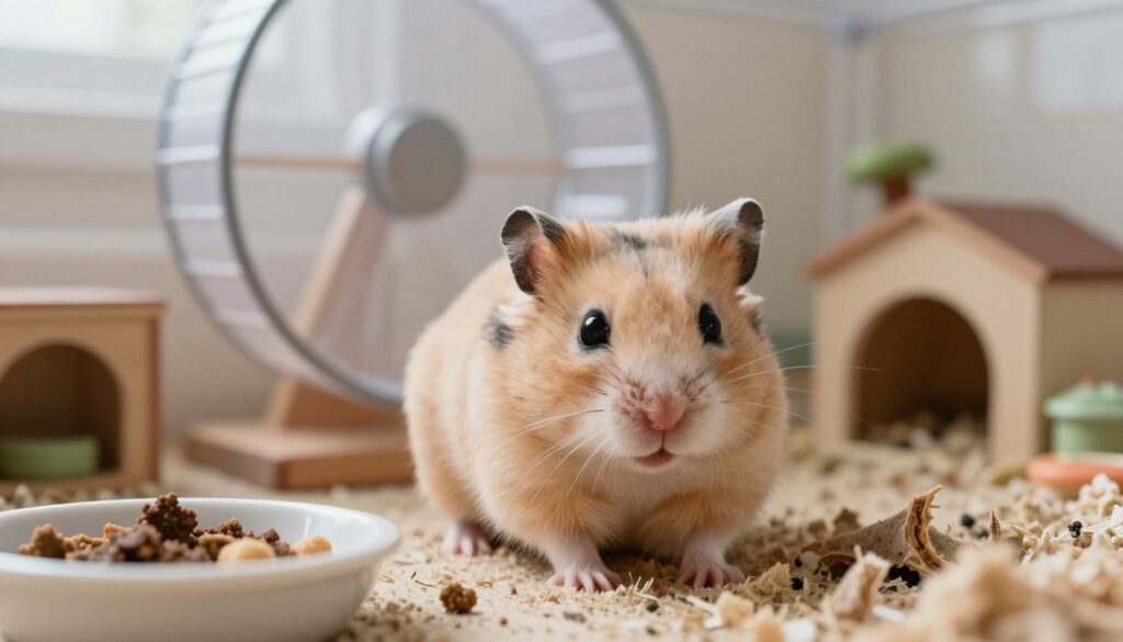 A close-up of a sick Dzungarian hamster in a cozy enclosure, showcasing its fluffy fur and expressive eyes, appearing lethargic and slightly hunched, indicative of common health issues. In the foreground, include a small dish of uneaten food and a piece of bedding slightly disturbed, hinting at its distress. The middle ground features a miniature exercise wheel, emphasizing its inactivity. In the background, soft natural lighting illuminates a small, well-kept habitat filled with toys and tunnels, creating a warm, yet concerning atmosphere. The photo should be taken at eye level with a shallow depth of field, focusing on the hamster while subtly blurring the surroundings, evoking a sense of urgency and care for the pet’s health. A close-up of a sick Dzungarian hamster in a cozy enclosure, showcasing its fluffy fur and expressive eyes, appearing lethargic and slightly hunched, indicative of common health issues. In the foreground, include a small dish of uneaten food and a piece of bedding slightly disturbed, hinting at its distress. The middle ground features a miniature exercise wheel, emphasizing its inactivity. In the background, soft natural lighting illuminates a small, well-kept habitat filled with toys and tunnels, creating a warm, yet concerning atmosphere. The photo should be taken at eye level with a shallow depth of field, focusing on the hamster while subtly blurring the surroundings, evoking a sense of urgency and care for the pet’s health.
