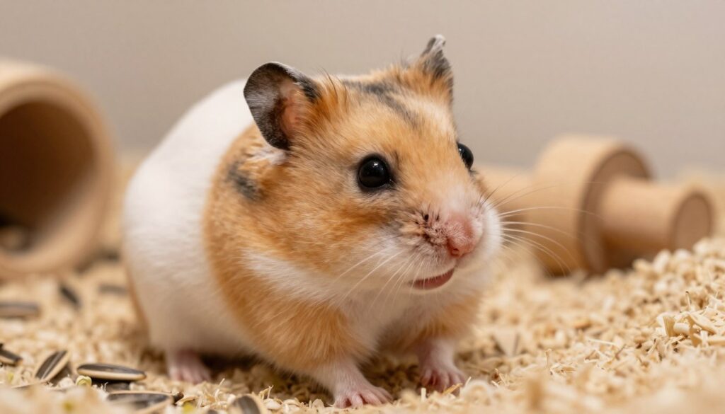 A close-up of a small, expressive hamster, showcasing its body language and behaviors that illustrate communication. The hamster is perched on a soft, fluffy bedding in its cage, with its tiny paws lifted and ears perked up, conveying curiosity and alertness. In the background, there are subtle details like scattered sunflower seeds and a wooden chew toy to add context. The image is warmly lit, with soft, diffused illumination coming from the side to highlight the hamster's fur texture and keen expression. The angle is slightly tilted downward, capturing the hamster's vibrant personality, evoking a sense of playfulness and engagement, perfect for illustrating its nonverbal cues in a natural habitat.