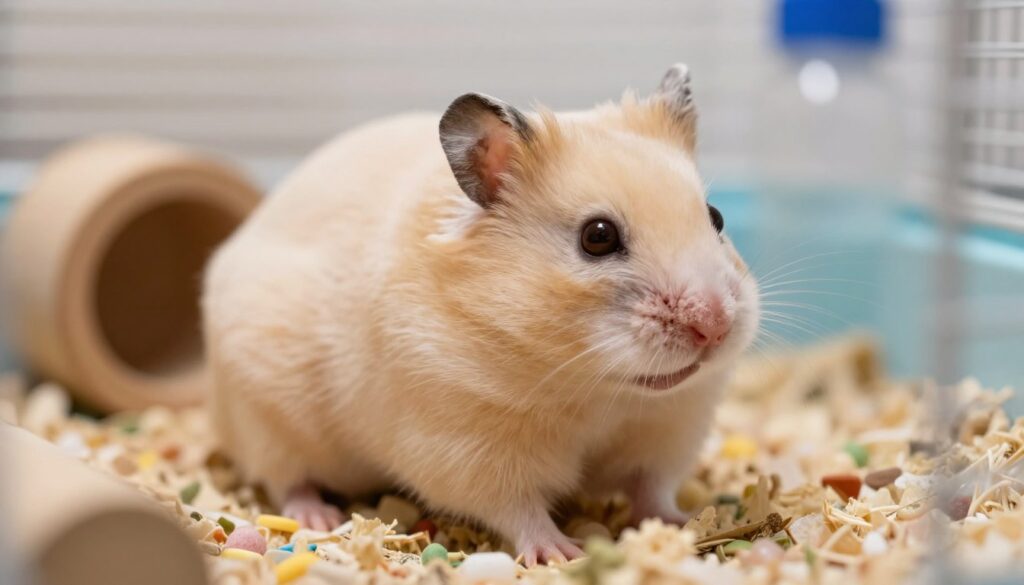 A close-up of a small, fluffy hamster with a noticeable benign lump on its side, sitting on a soft, colorful bedding inside a cozy cage. The focus is on the hamster's expressive brown eyes, emphasizing curiosity and innocence. Soft, natural lighting enhances the warm tones of the fur and the textures of the bedding. The background features soft, blurred elements like wooden chew toys and a water bottle, creating a serene atmosphere. The insect's skin is detailed, showing fine fur and subtle shadows around the lump. The shallow depth of field draws attention to the hamster while maintaining a calm and informative mood, suitable for an educational context on pet care.