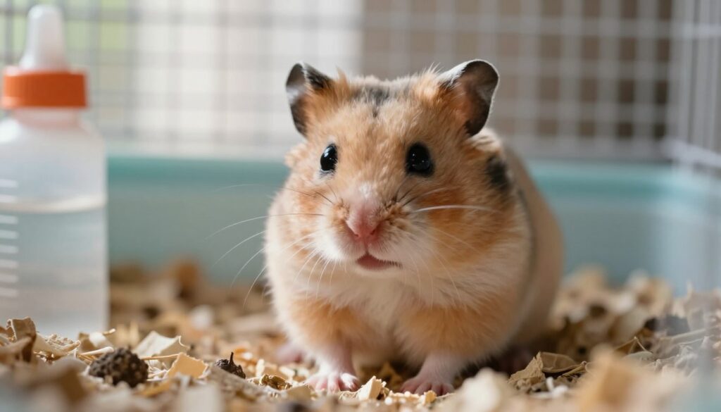 A close-up of a small, fluffy hamster with a worried expression, sitting in a cozy, well-lit habitat. The foreground features the hamster's delicate paws and vivid fur detail, while the middle shows clean bedding and a small water bottle. The background includes soft, natural lighting filtering through the cage bars, casting gentle shadows. The atmosphere is calm yet somber, evoking a sense of concern. The hamster is looked after, with visible signs of care in its environment, emphasizing the importance of health monitoring. Capture this moment with a soft focus lens, showcasing the hamster's curious eyes and small, intricate features, while ensuring the scene feels warm and inviting.