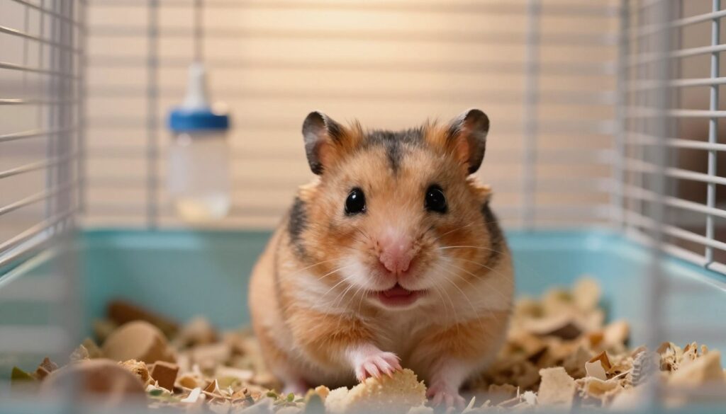 A close-up of a stressed hamster in its small, colorful cage, visibly trembling with wide, anxious eyes. The foreground features the hamster, surrounded by soft bedding and a small chew toy, capturing its fur texture and slight shivers. The middle ground shows the cage bars and a tiny water bottle, emphasizing the confined space. In the background, a faintly illuminated room adds a sense of warmth, with soft, diffused lighting that creates an intimate atmosphere. A gentle bokeh effect makes the environment feel safe yet highlighting the hamster’s distress. The overall mood conveys concern and empathy, illustrating the urgency of understanding hamster stress signals.