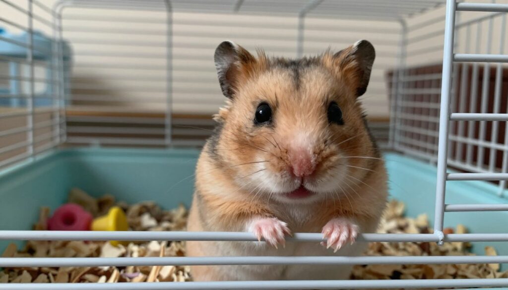 A close-up of a stressed hamster inside a small, cluttered cage, with its tiny paws gripping the bars, showcasing its anxious face. In the foreground, focus on the hamster's expressive eyes and fur, emphasizing its furrowed expression. In the middle, depict the cage filled with minimal bedding and a few toys, highlighting the lack of space. In the background, subtly include faint shapes of household items, hinting at a busy environment that adds to the hamster's stress. The lighting should be soft and natural, casting gentle shadows, creating an atmosphere of tension and confinement. The angle should be slightly above eye level, capturing both the hamster’s struggle and the cramped setting, evoking empathy for its situation.
